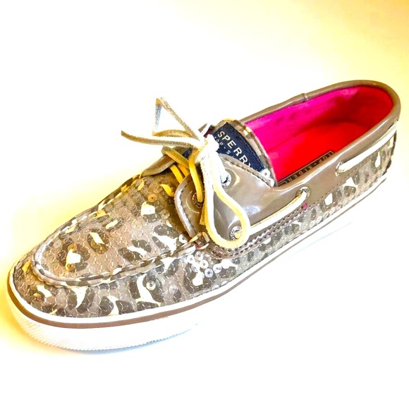 SPERRY Top Sider Bahama Grey Leopard Sequin Boat Shoe Flat Heel